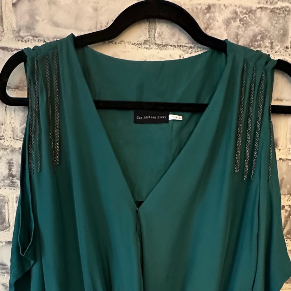 The Addison Story | Teal Green Cut Out Shoulder Silk Tunic - Picture 3 of 14
